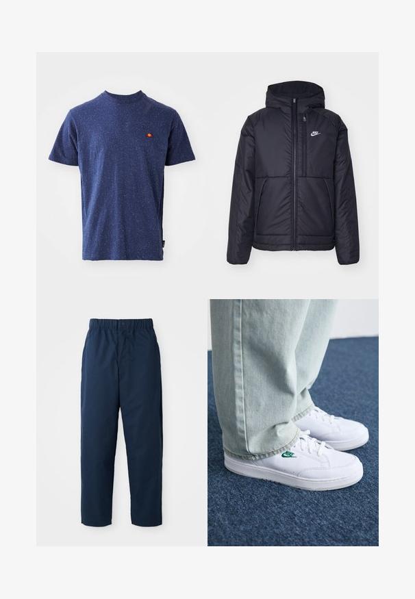 Giacca Nike nera, imbottita, con zip frontale e cappuccio. Presenta un logo bianco sul lato sinistro del petto e doppie tasche frontali. Texture esterna liscia.; T-shirt blu navy realizzata in misto cotone, con una texture screziata e un piccolo logo rosso e giallo sul petto. Maniche corte casual.; Pantaloni blu navy realizzati in tessuto morbido, con vita elastica e bottone, gamba dritta e senza motivi o accessori visibili.; Sneakers in pelle bianca con logo Nike verde, punta rotonda, suola piatta, abbinati a pantaloni in denim azzurro, mostrati su un tappeto blu.