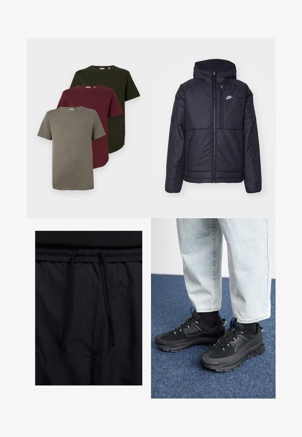 Giacca Nike nera, imbottita, con zip frontale e cappuccio. Presenta un logo bianco sul lato sinistro del petto e doppie tasche frontali. Texture esterna liscia.; Tre T-shirt a maniche corte in verde oliva, borgogna e grigio, realizzate in cotone morbido, con collo a giro e vestibilità comoda.; Shorts neri con vita regolabile tramite coulisse, tessuto leggero con una texture liscia e un design semplice senza loghi o motivi visibili.; Scarpe sportive nere con tessuto testurizzato e suole in gomma, dotate di lacci elastici e un accento blu sul tallone. Indossate con pantaloni in denim chiaro.