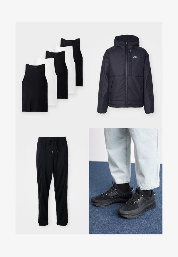 Must musta Nike jope, millel on ees lukuga avamine ja kapuuts. Vasakpoolne rind on kaunistatud valge logoga ning ees on kaks taskut. Sile välimine tekstuur.; Viie mustast ja valgest puuvillakangast varrukateta t-särgi komplekt. Omab ümmarguseid kaelusi, keha peal istuvat disaini ja ühtevärvilist tekstuuri.; Mustad nööridega vööga igapäevased mustad püksid, külgseamipocketid ja sirge sääre lõikega, ühtlasel taustal.; Mustad mustad jooksukingad, millel on tekstureeritud kangas ja kummist tallad, elastsed nöörid ning sinine aksent kandadel. Kandmine heledate teksadega.