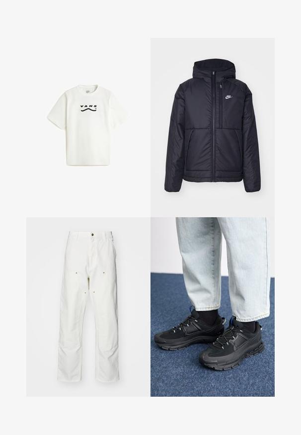 Black, padded Nike jacket with a front zipper and hood. Features a white logo on the left chest and dual front pockets. Smooth exterior texture.; Vans DETERMINED - Print T-shirt - white; White cotton cargo pants with a relaxed fit. Features include front pockets, gold hardware accents, and reinforced knee sections.; Black athletic shoes with textured fabric and rubber soles, featuring elastic laces and a blue accent on the heel. Worn with light denim pants.