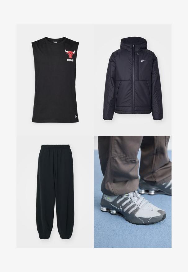 Melna, pufota Nike jaka ar priekšējo rāvējslēdzēju un kapuci. Iezīmēta ar baltu logotipu uz kreisās krūtis un divām priekšējām kabatām. Gluda ārējā tekstūra.; Melnas bezpiedurkņu krekliņš, izgatavots no kokvilnas. Uz kreisās krūts ir sarkanais Čikāgas Būlu logotips un teksts "CHICAGO". Vienkārša, gluda tekstūra.; Melnas sporta bikses ar elastīgu jostasvietu, brīvu piegriezumu, aprocēm ap potītēm, gludu tekstūru, un bez redzamām rakstu vai aparatūras akcentiem.; Pelēki un sudraba Nike Shox sporta apavi izceļas ar elegantu dizainu, izmantojot acu un sintētiskos materiālus, apaļu purngalu un mīkstinātu apkakli.