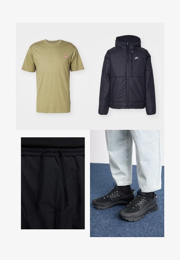 Black, padded Nike jacket with a front zipper and hood. Features a white logo on the left chest and dual front pockets. Smooth exterior texture.; Olive green cotton t-shirt with short sleeves, crew neck, and small colorful logo on the left chest. Simple, classic design.; Black shorts featuring a drawstring waistband, lightweight fabric with a smooth texture, and a simple design without visible logos or patterns.; Black athletic shoes with textured fabric and rubber soles, featuring elastic laces and a blue accent on the heel. Worn with light denim pants.