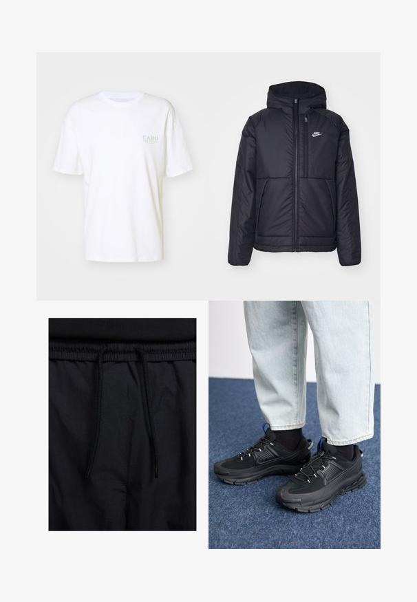 Veste Nike noire rembourrée avec une fermeture éclair sur le devant et une capuche. Elle présente un logo blanc sur la poitrine gauche et deux poches avant. Texture extérieure lisse.; T-shirt en coton blanc à manches courtes, col rond, avec le texte imprimé en vert clair "CABO SAN LUCAS" sur le côté gauche de la poitrine.; Shorts noirs avec un élastique à cordon de serrage, en tissu léger avec une texture lisse, et un design simple sans logos ni motifs visibles.; Des chaussures de sport noires avec un tissu texturé et des semelles en caoutchouc, dotées de lacets élastiques et d'un accent bleu au talon. Portées avec un pantalon en denim clair.