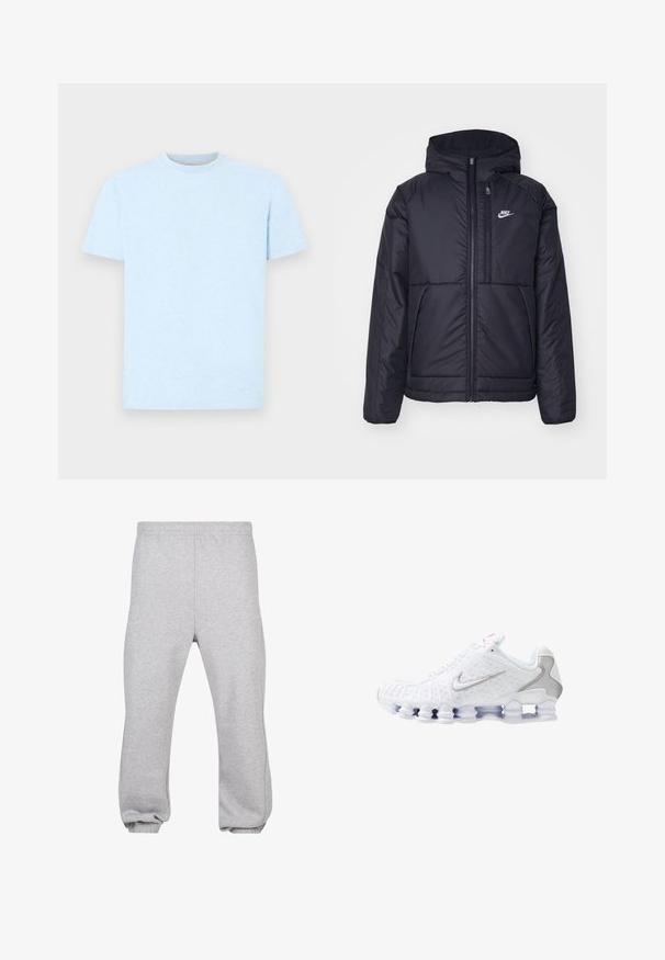 Must musta Nike jope, millel on ees lukuga avamine ja kapuuts. Vasakpoolne rind on kaunistatud valge logoga ning ees on kaks taskut. Sile välimine tekstuur.; Heledsinine puuvillane t-särk lühikeste varrukatega ja ümarate kaelustega. Kangas on kerge tekstuuriga, ilma nähtavate mustrite või graafikateta.; Hallide hallid puuvillasegusest kangast dressipüksid, millel on elastne vöökoht, kitsenevad jalad ja mansetid. Lihtne disain, ilma mustriteta.; Valged spordijalatsid, millel on tekstuuriga pealiskülg hõbedase Swooshi logoga, võrkkangast paneelid ja iseloomulik jagatud valge tallaga.}}