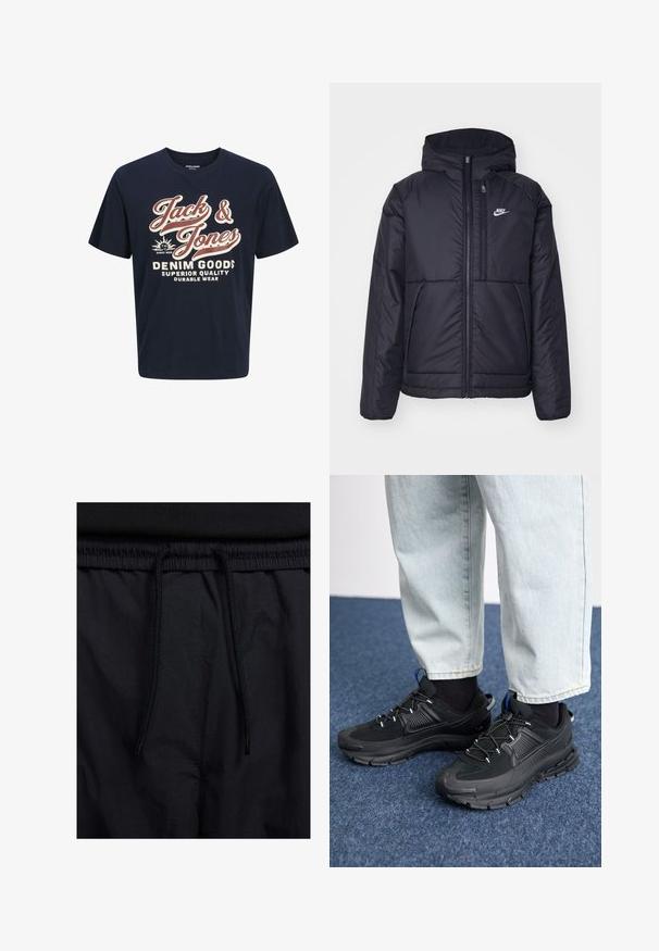 Musta, pehmustettu Nike-takki, jossa on etuvetoketju ja huppu. Vasemmassa rinnassa on valkoinen logo ja takissa on kaksinkertaiset etutaskut. Pintakoe on sileä.; Tummansininen puuvillapaita, jossa on pyöreä kaula-aukko. Paidassa on rohkeaa valkoista ja punaista tekstiä: "Jack & Jones", "DENIM GOODS" ja muita lauseita.; Mustat shortsit, joissa on naru vyötäröllä, kevyestä kankaasta valmistettu, sileä tekstuuri ja yksinkertainen muotoilu ilman näkyviä logoja tai kuvioita.; Mustat urheilukengät, joissa on teksturoitu kangas ja kumipohjat, elastiset nauhat ja sininen yksityiskohta kannassa. Yhdistetty vaaleisiin farkkuihin.