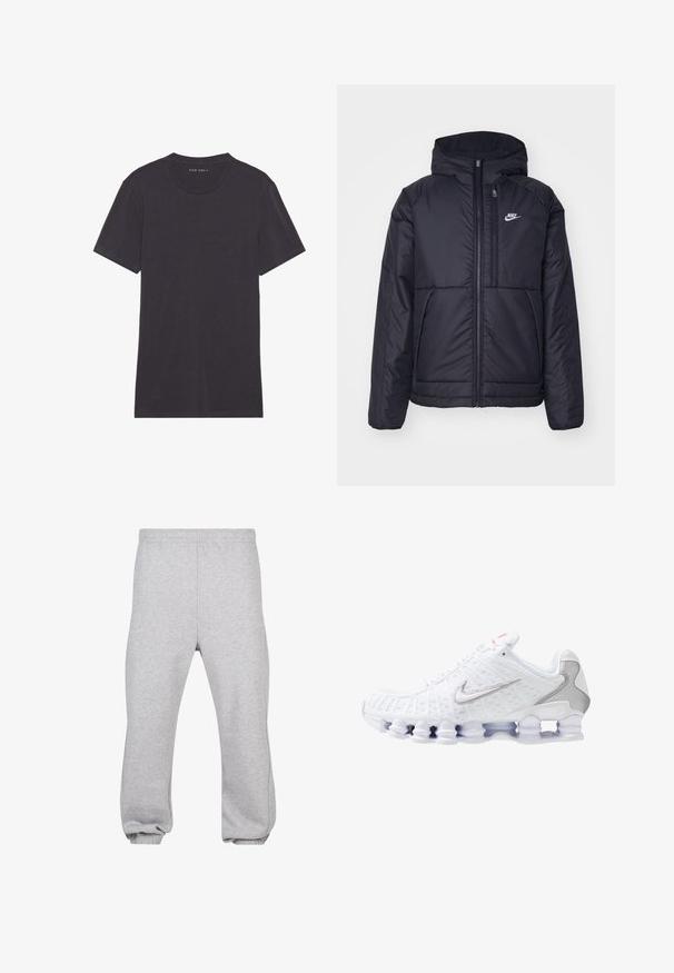 Černá zateplená bunda Nike s předním zipem a kapucí. Na levé straně hrudi má bílé logo a dvojité přední kapsy. Hladký povrch.; Tmavě šedé tričko s krátkým rukávem vyrobené z měkkého, hladkého materiálu. Kruh zvláštní výstřih s čistými švy a bez jakýchkoli ozdob nebo vzorů.; Šedé tepláky vyrobené z bavlněné směsi, s elastickým pasem, zúženými nohavicemi a manžetami na koncích. Jednoduchý design bez vzorů.; Bílé sportovní boty s texturovaným síťovaným svrškem, stříbrným logem Nike, polstrovaným límcem a unikátní průhlednou plastovou podrážkou se vzpruhami.