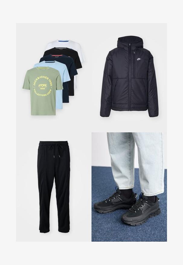 Black, padded Nike jacket with a front zipper and hood. Features a white logo on the left chest and dual front pockets. Smooth exterior texture.; Five T-shirts displayed in a row: olive green, light blue, navy, black, and white. Each features a crew neck and varying logos.; Black drawstring waist casual pants with side seam pockets and straight leg cut on a plain background.; Black athletic shoes with textured fabric and rubber soles, featuring elastic laces and a blue accent on the heel. Worn with light denim pants.