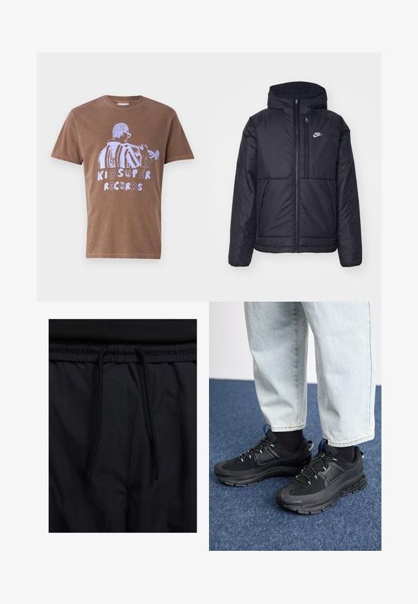 Melna, pufota Nike jaka ar priekšējo rāvējslēdzēju un kapuci. Iezīmēta ar baltu logotipu uz kreisās krūtis un divām priekšējām kabatām. Gluda ārējā tekstūra.; Browns kokvilnas T-krekls ar īsām piedurknēm, uz kura redzams balts grafiskais attēls ar mūziķi, kurš spēlē trompeti, un teksts "KID SUPER RECORDS."; Melni šorti ar sašūtu jostu, viegls audums ar gludu tekstūru un vienkāršs dizains bez redzamiem logotipiem vai paraugiem.; Melni sporta apavi ar strukturētu audumu un gumijas zoli, ar elastīgām auklām un zilu akcentu uz papēža. Nēsāti ar gaišām džinsu biksēm.