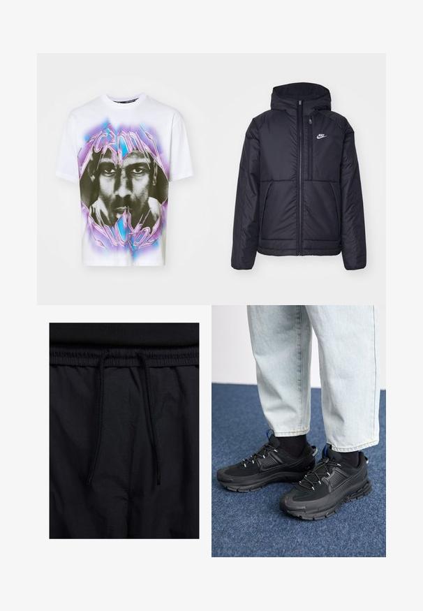 Czarna, pikowana kurtka Nike z przednim zamkiem błyskawicznym i kapturem. Posiada białe logo po lewej stronie klatki piersiowej oraz podwójne kieszenie z przodu. Gładka struktura zewnętrzna.; Biała koszulka z dużą czarno-białą grafiką twarzy, otoczona kolorowymi akcentami w odcieniach fioletu i niebieskiego oraz ząbkowanym tekstem.; Czarne szorty z elastycznym paskiem na sznurku, lekkiego materiału o gładkiej fakturze oraz prostym wzornictwie bez widocznych logo czy wzorów.; Czarne buty sportowe z teksturowanej tkaniny i gumowymi podeszwami, z elastycznymi sznurówkami i niebieskim akcentem na pięcie. Noszone z jasnymi dżinsami.