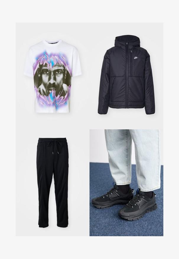 Juodas, paminkštintas Nike džemperis su priekyje užtrauktuku ir gobtuvu. Pasižymi balta logo kairėje krūtinės pusėje ir dviem priekinėmis kišenėmis. Su lygiu išoriniu paviršiumi.; Balta marškinėliai su dideliu juodai baltu veido grafiniu atvaizdu, apsuptu spalvingų purpurinių ir mėlynų akcentų bei dantytų užrašų.; Juodos laisvos kelnės su raišteliu liemens, šoninėmis kišenėmis ir tiesiu kirpimu ant vienodos fono.; Juodi sportiniai bateliai su tekstūruota medžiaga ir guminiais padais, su elastingomis raišteliais ir mėlynu akcentu ant kulno. Dėvimi su šviesiai mėlynomis džinsinėmis kelnėmis.