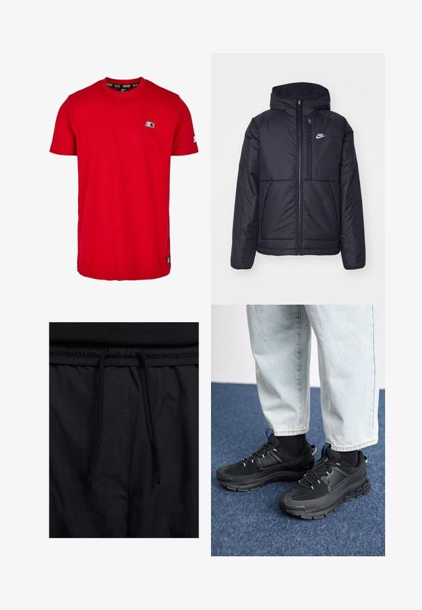 Jachetă Nike neagră, căptușită, cu fermoar pe față și glugă. Prezintă un logo alb pe pieptul stâng și două buzunare frontale. Textură exterioară netedă.; Tricou roșu din bumbac, cu guler la baza gâtului, mâneci scurte și un mic logo negru pe pieptul stâng și pe mânecă. Material neted, de culoare solidă.; Șorturi negre cu un brâu reglabil, dintr-un material ușor cu o textură netedă și un design simplu, fără logo-uri sau modele vizibile.; Pantofi sport negri, cu țesătură texturată și tălpi din cauciuc, având șireturi elastice și un accent albastru pe toc. Purtați cu pantaloni din denim deschis.