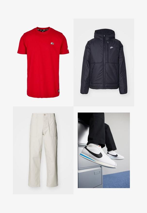 Črna, podložena Nike jakna z sprednjim zadrgo in kapuco. Ima bel logo na levem prsnem delu in dvojna sprednja žepa. Gladka zunanja tekstura.; Rdeča bombažna majica s kratkimi rokavi, okroglim izrezom in majhnim črnim logotipom na levem prsnem predelu in rokavu. Gladko, enobarvno blago.; Svetlo bež široke hlače iz bombaža. Imajo sprednje žepe in gumbasto zapiranje. Gladka tekstura z subtilnimi navpičnimi črtami.; Bele usnjene teniske z črnim Nikeovim simbolom, svetlo modrim in sivo gumijastim podplatom ter klasičnim vezalnim dizajnom. Noge so poležane na omarici za dokumente.