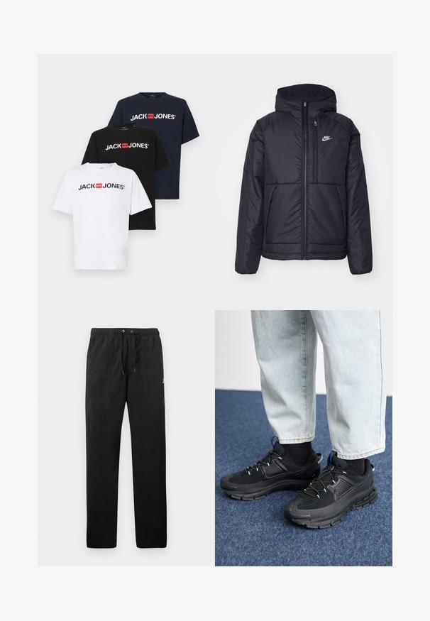 Melna, pufota Nike jaka ar priekšējo rāvējslēdzēju un kapuci. Iezīmēta ar baltu logotipu uz kreisās krūtis un divām priekšējām kabatām. Gluda ārējā tekstūra.; Trīs īsām piedurknēm T-krekli baltā, melnā un tumši zilā krāsā ar "JACK & JONES" logo sarkanā krāsā priekšpusē. Izgatavoti no kokvilnas ar gludu apdari.; Melnas sporta bikses, izgatavotas no flīsa, ar elastīgu jostasviedi un auklām, diviem priekšējiem kabatām un nelielu logo uz augšstilba.; Melni sporta apavi ar strukturētu audumu un gumijas zoli, ar elastīgām auklām un zilu akcentu uz papēža. Nēsāti ar gaišām džinsu biksēm.