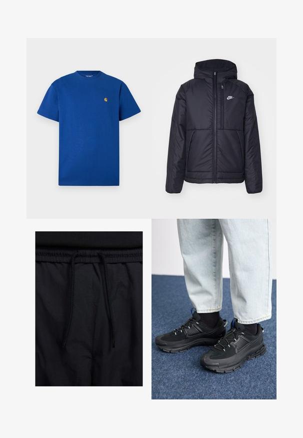 Musta, pehmustettu Nike-takki, jossa on etuvetoketju ja huppu. Vasemmassa rinnassa on valkoinen logo ja takissa on kaksinkertaiset etutaskut. Pintakoe on sileä.; Sininen puuvillapaita, jossa on pyöreä kaula-aukko, lyhyet hihat ja pieni kultainen logo rinnassa. Sujuva rakenne ja rento istuvuus.; Mustat shortsit, joissa on naru vyötäröllä, kevyestä kankaasta valmistettu, sileä tekstuuri ja yksinkertainen muotoilu ilman näkyviä logoja tai kuvioita.; Mustat urheilukengät, joissa on teksturoitu kangas ja kumipohjat, elastiset nauhat ja sininen yksityiskohta kannassa. Yhdistetty vaaleisiin farkkuihin.