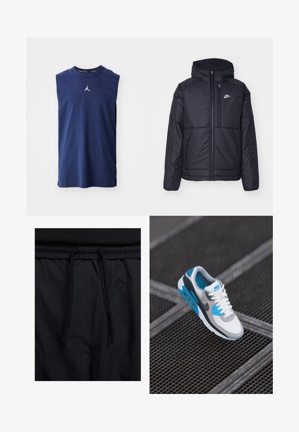 Μαύρο, επενδυμένο μπουφάν Nike με μπροστινό φερμουάρ και κουκούλα. Διαθέτει λευκό λογότυπο στο αριστερό στήθος και διπλές μπροστινές τσέπες. Λείο εξωτερικό υλικό.; Αμάνικο μπλε αμάνικο μπλουζάκι από βαμβάκι, με λευκό λογότυπο Jumpman στο στήθος και στρογγυλή λαιμόκοψη. Υφασμα με υφή και πλευρικές σχισμές.; Μαύρο σορτσάκι με ζωνάκι που ρυθμίζεται, ελαφρύ ύφασμα με απλή υφή και απλό σχέδιο χωρίς ορατά λογότυπα ή μοτίβα.; Sneaker Nike Air Max 90 με επάνω μέρος από λευκό διχτυωτό υλικό, γκρι σουέντ λεπτομέρειες, ανοιχτό μπλε αποχρώσεις και ορατή μονάδα αερόσφαλτου.