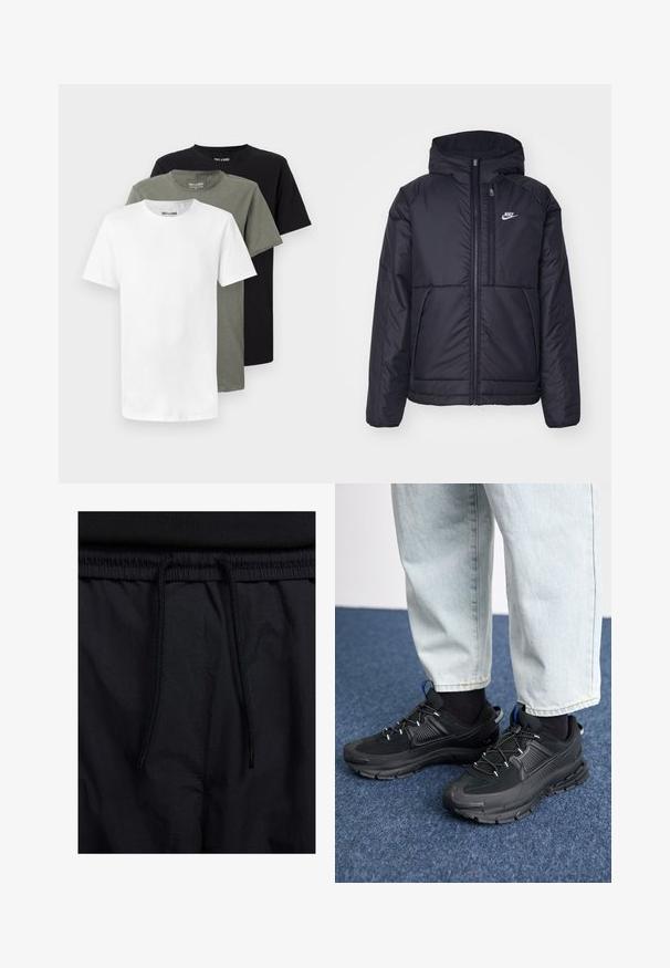 Jachetă Nike neagră, căptușită, cu fermoar pe față și glugă. Prezintă un logo alb pe pieptul stâng și două buzunare frontale. Textură exterioară netedă.; Trei tricouri cu guler rotund, în alb, verde măsliniu și negru. Fabricate din bumbac moale, cu mâneci scurte și o potrivire lejeră.; Șorturi negre cu un brâu reglabil, dintr-un material ușor cu o textură netedă și un design simplu, fără logo-uri sau modele vizibile.; Pantofi sport negri, cu țesătură texturată și tălpi din cauciuc, având șireturi elastice și un accent albastru pe toc. Purtați cu pantaloni din denim deschis.