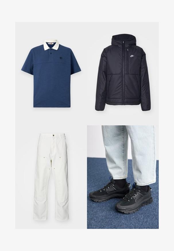 Čierna, polstrovaná bunda Nike so zipsom vpredu a kapucňou. Na ľavej strane hrude sa nachádza biele logo a sú tu dva predné vrecká. Hladký vonkajší povrch.; Námornícky modrá polo košeľa s bielym golierom, krátkymi rukávmi, dvomi gombíkmi a malým čiernym logom na hrudi. Mäkká textúra látky.; Biele bavlnené cargo nohavice s voľným strihom. Medzi vlastnosti patrí predné vrecká, zlaté detaily a zosilnené kolenné časti.; Čierne športové topánky s textúrovanou tkaninou a gumovou podrážkou, so elastickými šnúrkami a modrým akcentom na päte. Nosia sa s svetlými riflami.