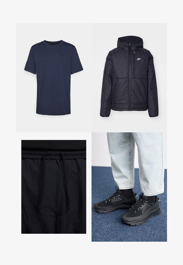 Melna, pufota Nike jaka ar priekšējo rāvējslēdzēju un kapuci. Iezīmēta ar baltu logotipu uz kreisās krūtis un divām priekšējām kabatām. Gluda ārējā tekstūra.; Tumši zils kokvilnas T-krekls ar īsām piedurknēm, kam ir smalks reljefs logotipa elements uz krūtīm un taisna apakšmalā.; Melni šorti ar sašūtu jostu, viegls audums ar gludu tekstūru un vienkāršs dizains bez redzamiem logotipiem vai paraugiem.; Melni sporta apavi ar strukturētu audumu un gumijas zoli, ar elastīgām auklām un zilu akcentu uz papēža. Nēsāti ar gaišām džinsu biksēm.