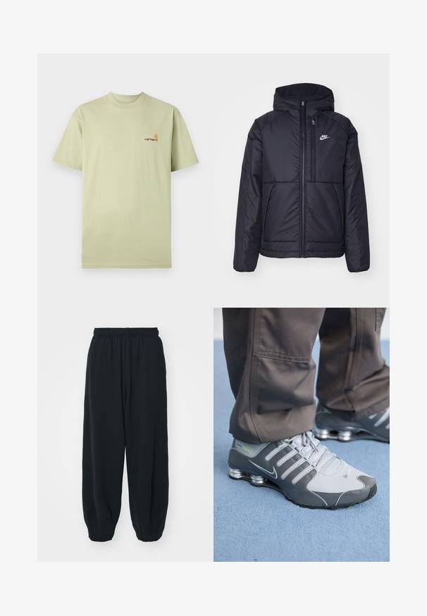 Μαύρο, επενδυμένο μπουφάν Nike με μπροστινό φερμουάρ και κουκούλα. Διαθέτει λευκό λογότυπο στο αριστερό στήθος και διπλές μπροστινές τσέπες. Λείο εξωτερικό υλικό.; Φωτεινά πράσινο βαμβακερό t-shirt με κοντά μανίκια και στρογγυλή λαιμόκοψη. Διαθέτει ένα μικρό πορτοκαλί και κόκκινο λογότυπο στην άνω αριστερή περιοχή του στήθους.; Μαύρες, φόρμες με ελαστική μέση και χαλαρή εφαρμογή, με ρεβέρ στους αστραγάλους, λεία υφή και χωρίς ορατά μοτίβα ή αξεσουάρ.; Γκρίζα και ασημένια αθλητικά παπούτσια Nike Shox με κομψό σχεδιασμό, από πλέγμα και συνθετικά υλικά, στρογγυλή μύτη και επενδεδυμένο κολάρο.