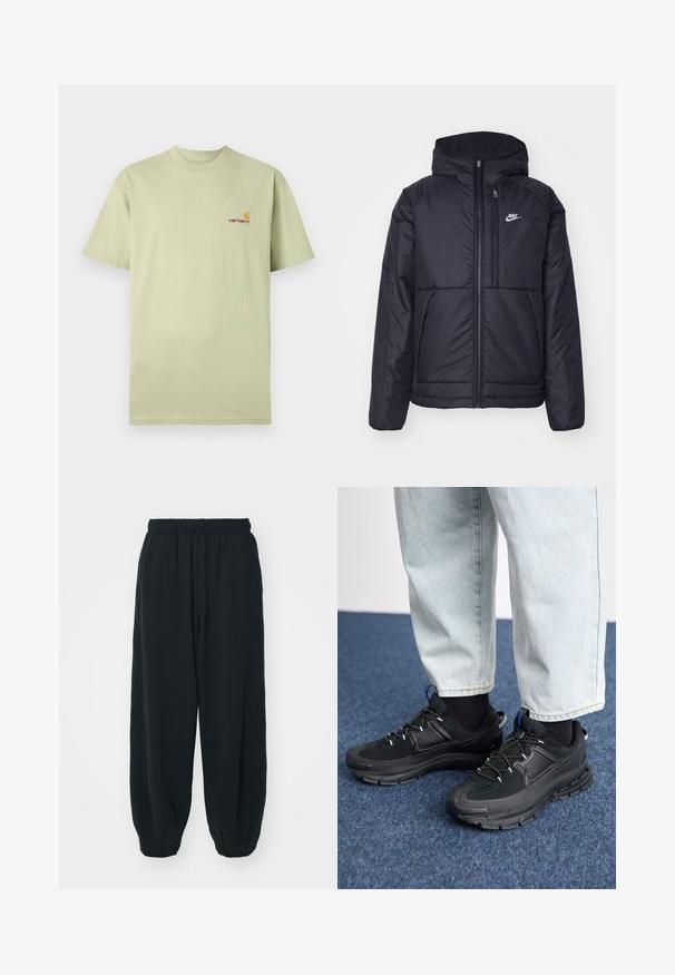 Črna, podložena Nike jakna z sprednjim zadrgo in kapuco. Ima bel logo na levem prsnem delu in dvojna sprednja žepa. Gladka zunanja tekstura.; Svetlo zelena bombažna majica s kratkimi rokavi in okroglo ovratnikom. Ima majhen oranžen in rdeč logotip na zgornjem levem delu prsnega koša.; Črne, elastične hlače za prosti čas z ohlapnim krojem, manšetami na gležnjih, gladko teksturo in brez vidnih vzorcev ali dodatkov.; Črne športne čevlje z teksturirano tkanino in gumijastimi podplati, ki imajo elastične vezalke ter modre poudarke na peti. Nosi se z lahkimi denim hlačami.