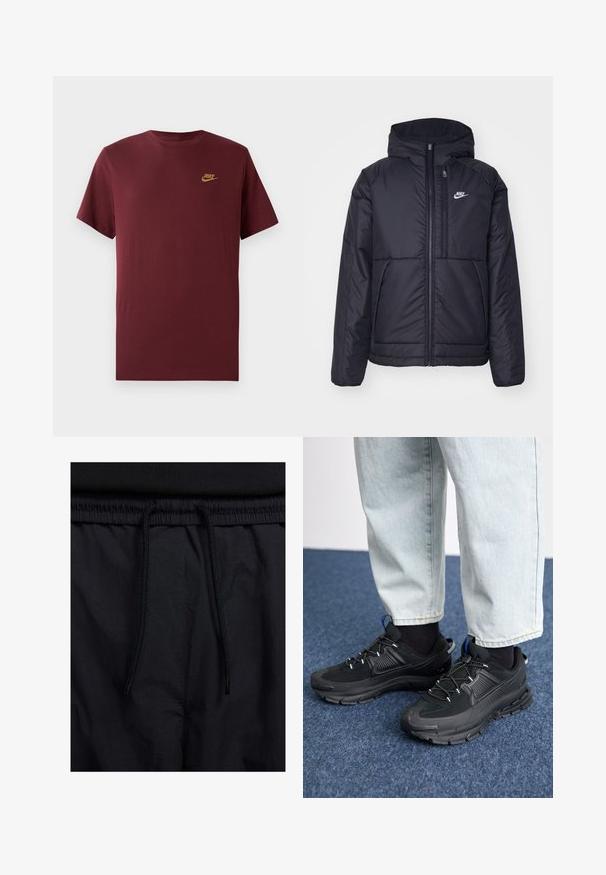 Fekete, párnázott Nike dzseki elülső cipzárral és kapucnival. A bal mellen fehér logó található, valamint két elülső zseb. Simának tűnő külső felület.; Bordó, rövid ujjú Nike póló arany Nike logóval a bal mellrészen, egyszerű kerek nyakkivágással, fehér háttéren bemutatva.; Fekete rövidnadrág, húzózsinórral ellátott derékrésszel, könnyű anyagból, sima felszínen, egyszerű dizájnnal, látható logók vagy minták nélkül.; Fekete sportcipők texturált anyaggal és gumitalppal, elasztikus fűzőkkel és kék kiegészítővel a saroknál. Világos farmernadrággal viselve.