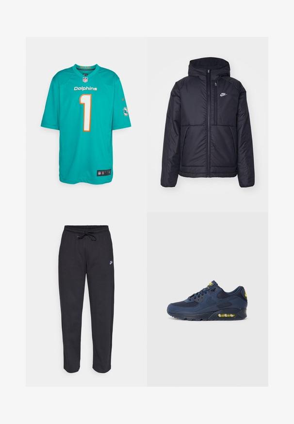 Black, padded Nike jacket with a front zipper and hood. Features a white logo on the left chest and dual front pockets. Smooth exterior texture.; Miami Dolphins jersey in teal with orange accents, featuring the number "1" in white. Made of lightweight fabric with short sleeves and mesh sides.; Black sweatpants made of soft fabric with an elastic waistband, drawstring, and a small Nike logo on the left thigh.; Navy blue Nike Air Max sneakers with suede and mesh upper, featuring yellow accents, lace-up front, and visible air cushioning in sole.