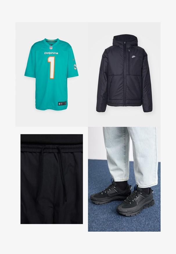 Must musta Nike jope, millel on ees lukuga avamine ja kapuuts. Vasakpoolne rind on kaunistatud valge logoga ning ees on kaks taskut. Sile välimine tekstuur.; Miami Dolphins teal värvi särk oranžide aktsentidega, number "1" valges. Valmistatud kergest kangast, lühikeste varrukatega ja võrgupooltega.; Mustad lühikesed püksid, millel on paelaga vöökoht, kerge kangas, mis on sileda tekstuuriga ning lihtne disain ilma nähtavate logode või mustriteta.; Mustad mustad jooksukingad, millel on tekstureeritud kangas ja kummist tallad, elastsed nöörid ning sinine aksent kandadel. Kandmine heledate teksadega.