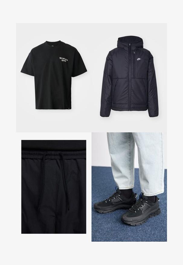 Casaco Nike preto, acolchoado, com fecho à frente e capuz. Apresenta um logo branco no lado esquerdo do peito e dois bolsos frontais. Textura exterior lisa.; T-shirt preta de mangas curtas em algodão, com um corte solto. Apresenta um logo branco "Dickies" na frente. Decote redondo, cor sólida.; Calções pretos com um cós elástico ajustável, fabricados em tecido leve com uma textura suave e um design simples, sem logótipos ou padrões visíveis.; Sapatilhas desportivas pretas com tecido texturizado e solas em borracha, apresentando atacadores elásticos e um detalhe azul no calcanhar. Usadas com calças de ganga claras.