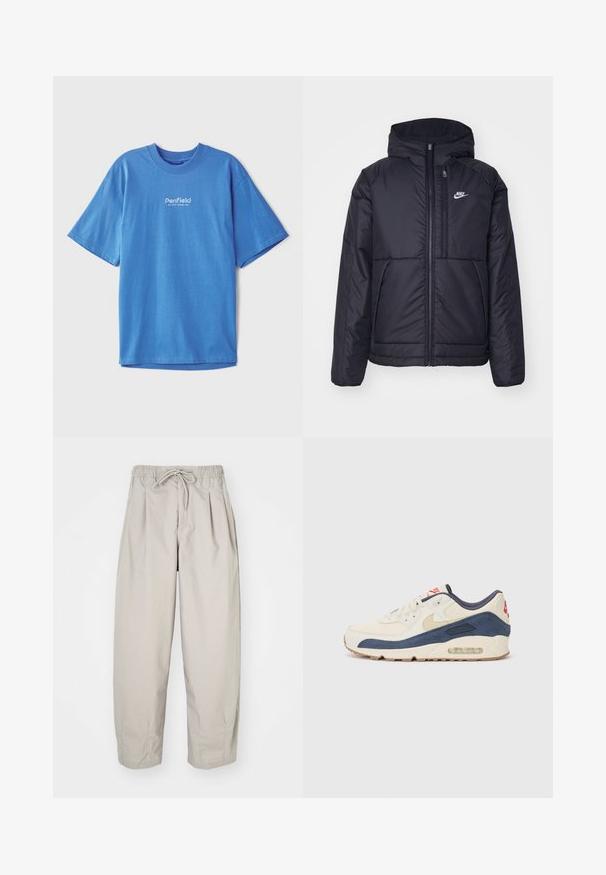 Chaqueta acolchada negra de Nike con cremallera frontal y capucha. Presenta un logo blanco en el lado izquierdo del pecho y dos bolsillos frontales. Textura exterior suave.; Camiseta de algodón azul profundo con mangas cortas y cuello redondo. Presenta el logotipo blanco de "Penfield" en el frente. Textura suave y transpirable.; Pantalones ligeros color beige con cintura elástica y cordón de ajuste. Presentan pliegues y un corte holgado, elaborados con una tela suave y lisa.; Zapatillas con parte superior de cuero crema y gamuza azul marino, que presentan una suela de aire visible, suela de goma beige y un acento rojo en el talón.