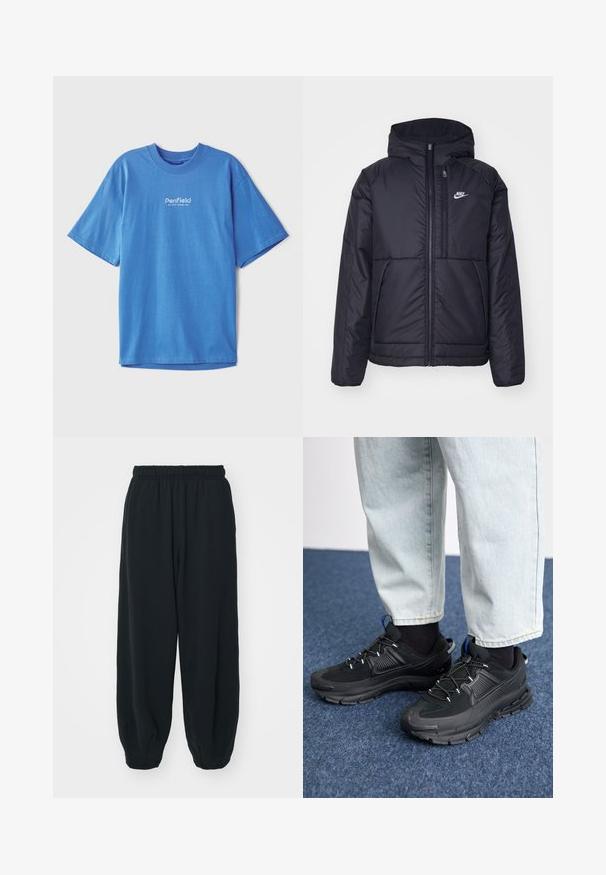 Fekete, párnázott Nike dzseki elülső cipzárral és kapucnival. A bal mellen fehér logó található, valamint két elülső zseb. Simának tűnő külső felület.; Sötétkék pamut póló rövid ujjakkal és kerek nyakkivágással. Elöl fehér "Penfield" logó található. Sima, lélegző textúra.; Fekete, rugalmas derékpántos melegítőnadrág, laza fit, véget érő szárakkal, sima textúrával, látható minták vagy hardver díszek nélkül.; Fekete sportcipők texturált anyaggal és gumitalppal, elasztikus fűzőkkel és kék kiegészítővel a saroknál. Világos farmernadrággal viselve.