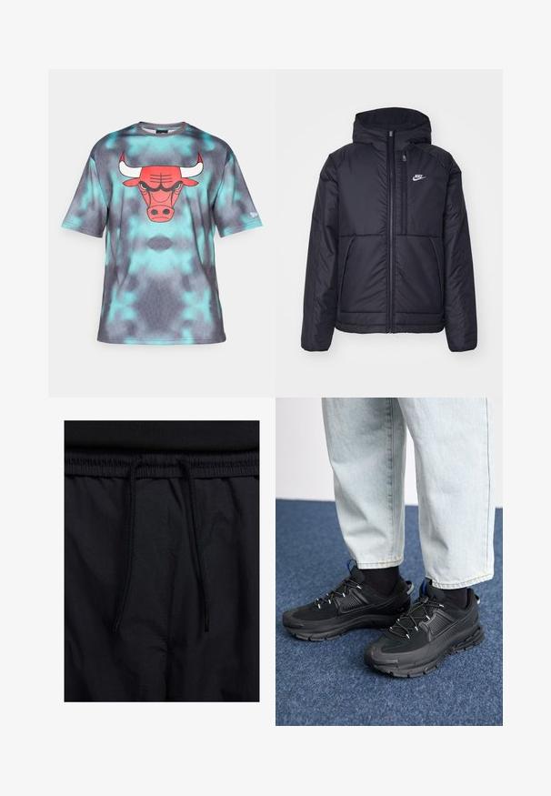 Casaco Nike preto, acolchoado, com fecho à frente e capuz. Apresenta um logo branco no lado esquerdo do peito e dois bolsos frontais. Textura exterior lisa.; T-shirt de manga curta em tie-dye cinza e verde-água, com um gráfico de touro vermelho em destaque na frente, gola redonda e textura suave.; Calções pretos com um cós elástico ajustável, fabricados em tecido leve com uma textura suave e um design simples, sem logótipos ou padrões visíveis.; Sapatilhas desportivas pretas com tecido texturizado e solas em borracha, apresentando atacadores elásticos e um detalhe azul no calcanhar. Usadas com calças de ganga claras.
