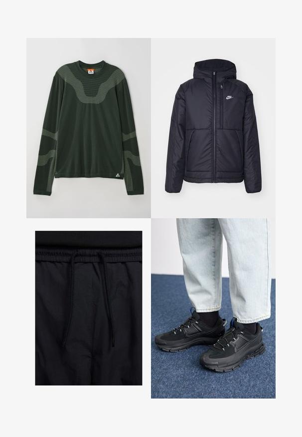 Giacca Nike nera, imbottita, con zip frontale e cappuccio. Presenta un logo bianco sul lato sinistro del petto e doppie tasche frontali. Texture esterna liscia.; Camicia verde a maniche lunghe con motivo testurizzato, scollatura a girocollo e accenti più chiari in contrasto sulle maniche. Logo a triangolo sul lato inferiore.; Shorts neri con vita regolabile tramite coulisse, tessuto leggero con una texture liscia e un design semplice senza loghi o motivi visibili.; Scarpe sportive nere con tessuto testurizzato e suole in gomma, dotate di lacci elastici e un accento blu sul tallone. Indossate con pantaloni in denim chiaro.