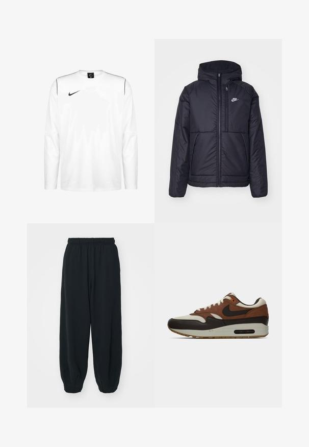 Schwarze, gepolsterte Nike-Jacke mit Frontreißverschluss und Kapuze. Hat ein weißes Logo auf der linken Brust und zwei Fronttaschen. Glattes äußeres Material.; Langärmliges weißes Nike-Shirt aus synthetischem Material; mit einem schwarzen Logo auf der Vorderseite und dünnen schwarzen Akzenten an den Schultern.; Schwarze Sweatpants mit elastischem Bund, lockerer Passform, gerippten Beinabschlüssen, glatter Textur und ohne sichtbare Muster oder Hardware-Akzente.; Braune, cremefarbene und schwarze Nike Air Max Sneaker mit sichtbarem Luftpolster und Schnürdesign, seitlich auf einem weißen Hintergrund dargestellt.