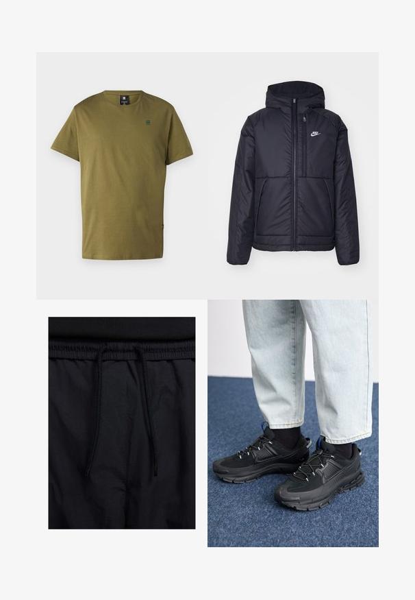 Černá zateplená bunda Nike s předním zipem a kapucí. Na levé straně hrudi má bílé logo a dvojité přední kapsy. Hladký povrch.; Olivově zelené bavlněné tričko s kulatým výstřihem, krátkými rukávy a malým logem na hrudi. Měkká, hladká textura, standardní střih.; Černé šortky s páskem na šňůrku, lehký materiál s hladkou texturou a jednoduchý design bez viditelných log nebo vzorů.; Černé sportovní boty s texturovanou tkaninou a gumovou podrážkou, s elastickými tkaničkami a modrým akcentem na patě. Nosí se s světlými džíny.