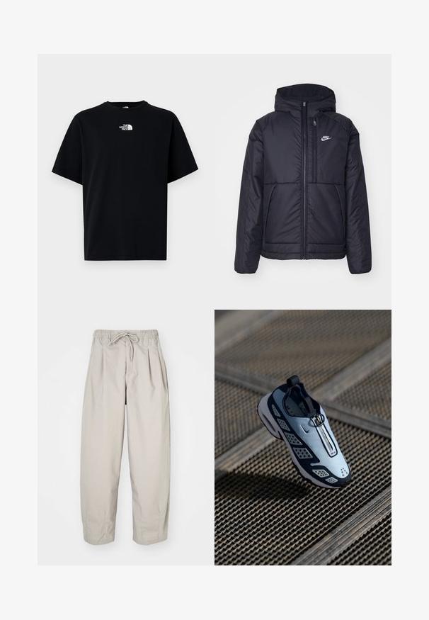 Fekete, párnázott Nike dzseki elülső cipzárral és kapucnival. A bal mellen fehér logó található, valamint két elülső zseb. Simának tűnő külső felület.; Fekete pamut póló, kerek nyakkivágással és rövid ujjakkal. Az elején egy fehér "The North Face" logó látható a felső középső részen.; Beige, könnyű nadrág, rugalmas derékkal és zsinórral. Ráncokkal és laza szabással rendelkezik, puha, sima anyagból készült.; A Nike sportcipő slip-on dizájnal rendelkezik, világoskék felsőrésszel, fekete kiegészítőkkel és perforált oldallapokkal. Lekerekített orr és texturált talp jellemzi.