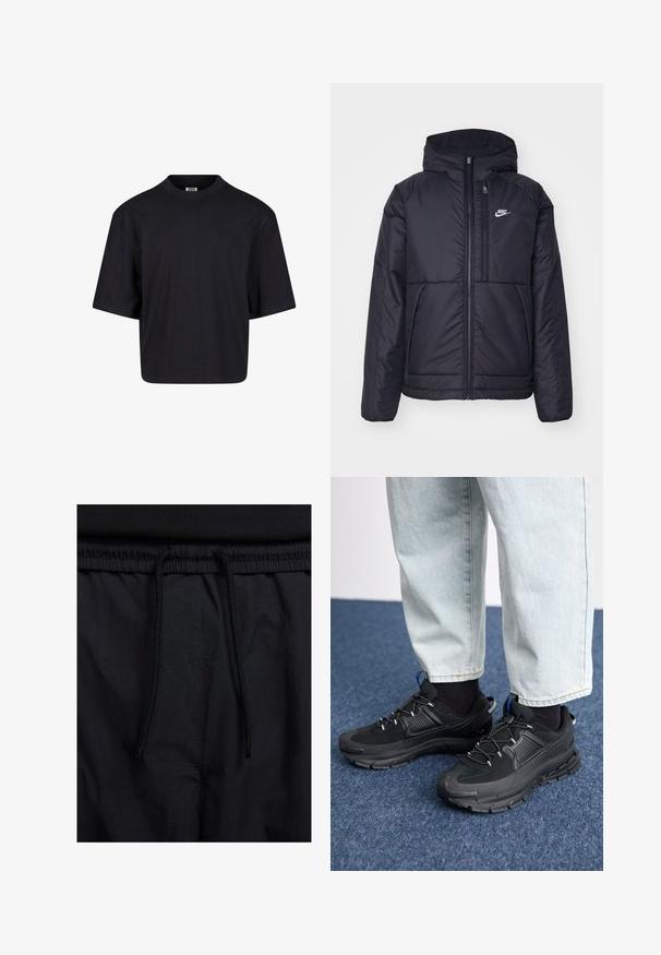 Musta, pehmustettu Nike-takki, jossa on etuvetoketju ja huppu. Vasemmassa rinnassa on valkoinen logo ja takissa on kaksinkertaiset etutaskut. Pintakoe on sileä.; Musta puuvillapaita, jossa on pyöreä kaula-aukko, lyhyet hihat ja ylipitkä leikkaus. Sujuva rakenne ja minimalistinen muotoilu. Ei näkyviä logoja.; Mustat shortsit, joissa on naru vyötäröllä, kevyestä kankaasta valmistettu, sileä tekstuuri ja yksinkertainen muotoilu ilman näkyviä logoja tai kuvioita.; Mustat urheilukengät, joissa on teksturoitu kangas ja kumipohjat, elastiset nauhat ja sininen yksityiskohta kannassa. Yhdistetty vaaleisiin farkkuihin.