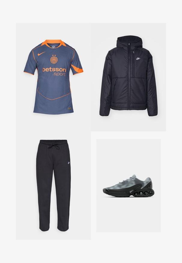 Melna, pufota Nike jaka ar priekšējo rāvējslēdzēju un kapuci. Iezīmēta ar baltu logotipu uz kreisās krūtis un divām priekšējām kabatām. Gluda ārējā tekstūra.; Jūras zila sporta krekls ar oranžiem akcentiem. Izstrādāts ar vertikālām svītrām, apaļu kakla izgriezumu un īsām piedurknēm. Logo un sponsora nosaukums ir izcili izcelti.; Melnas sporta bikses, kas izgatavotas no mīksta auduma, ar elastīgu jostu, auklu un mazu Nike logo uz kreisā augšstilba.; Pelēkie sporta apavi ar tīkla augšdaļu un melnu gumijas zoli, kas iezīmējas ar apaļiem akcentiem un izteiktu arku. Iekļautas šnīres un logo.