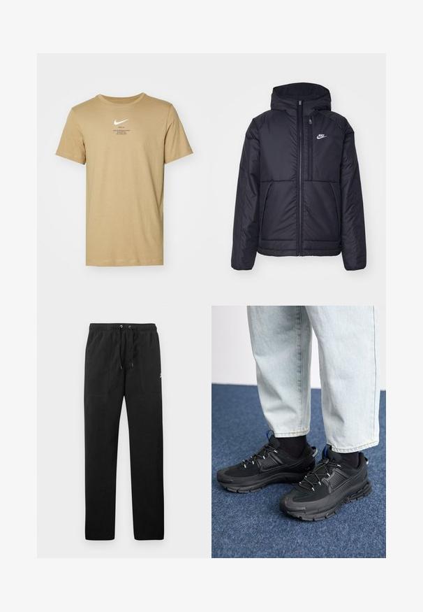 Casaco Nike preto, acolchoado, com fecho à frente e capuz. Apresenta um logo branco no lado esquerdo do peito e dois bolsos frontais. Textura exterior lisa.; T-shirt de manga curta em tom beige, feito de algodão. Apresenta um logotipo da Nike em branco e texto impresso em preto. Decote arredondado, corte descontraído e comprimento padrão.; Calças de fato de treino pretas feitas de polar, com uma cintura elástica e cordões, dois bolsos frontais e um pequeno logótipo na coxa.; Sapatilhas desportivas pretas com tecido texturizado e solas em borracha, apresentando atacadores elásticos e um detalhe azul no calcanhar. Usadas com calças de ganga claras.