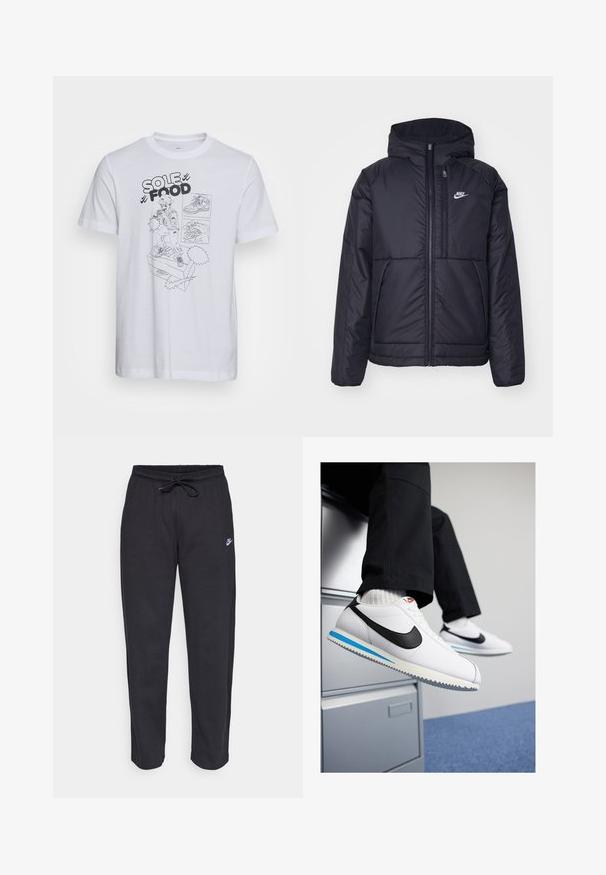 Casaco Nike preto, acolchoado, com fecho à frente e capuz. Apresenta um logo branco no lado esquerdo do peito e dois bolsos frontais. Textura exterior lisa.; Nike Sportswear GRAPHIC TEE - T-shirt estampada - white; Calças de treino pretas feitas de tecido suave, com faixa elástica na cintura, cordão regulador e um pequeno logótipo da Nike na coxa esquerda.; Ténis brancos de couro com um swoosh da Nike preto, sola de borracha azul claro e cinza, e design clássico de atacadores. Pés descansando sobre uma secretaria.