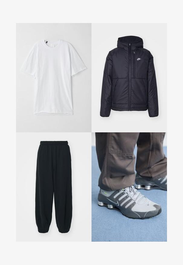Svart, polstret Nike-jakke med frontglidelås og hette. Har en hvit logo på venstre bryst og doble frontlommer. Glatt ytterside.; Hvit kortermet t-skjorte laget av mykt stoff; har rund halslinning og rett hem med ingen synlige mønstre eller pynt.; Sorte, joggebukser med elastisk liv, løs passform, mansjetter på ankler, glatt tekstur og uten synlige mønstre eller hardware-detaljer.; Grå og sølv Nike Shox-sneakers har et slankt design, med mesh- og syntetiske materialer, en rund tå og en polstret krage.