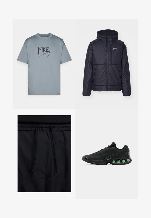 Juodas, paminkštintas Nike džemperis su priekyje užtrauktuku ir gobtuvu. Pasižymi balta logo kairėje krūtinės pusėje ir dviem priekinėmis kišenėmis. Su lygiu išoriniu paviršiumi.; Nike Performance TEE - Marškinėliai su spaudiniu - cool grey; Juodos šortai su raišteliu juosmens srityje, lengva medžiaga su lygiu paviršiumi ir paprastas dizainas be matomų logotipų ar raštų.; Nike Sportswear AIR MAX DN - Sportbačiai - black/green strike/anthracite