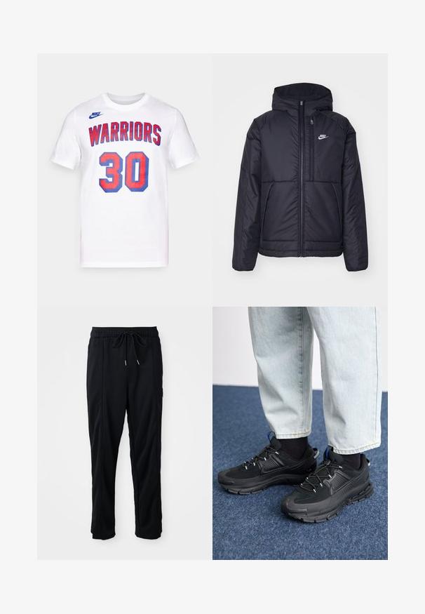 Svart, vadderad Nike-jacka med dragkedja framtill och huva. Har en vit logotyp på vänster bröst och dubbla framfickor. Slät yttextur.; Nike Performance NBA GOLDEN STATE WARRIORS STEPHEN CURRY TEE - Klubbkläder - white; Svarta byxor med dragsko i midjan, avslappnad stil, med sidfickor och rak benklippning på en plain bakgrund.; Svarta sportskor med texturerat tyg och gummisulor, med elastiska snörningar och en blå detalj på hälen. Bärs med ljusa jeans.