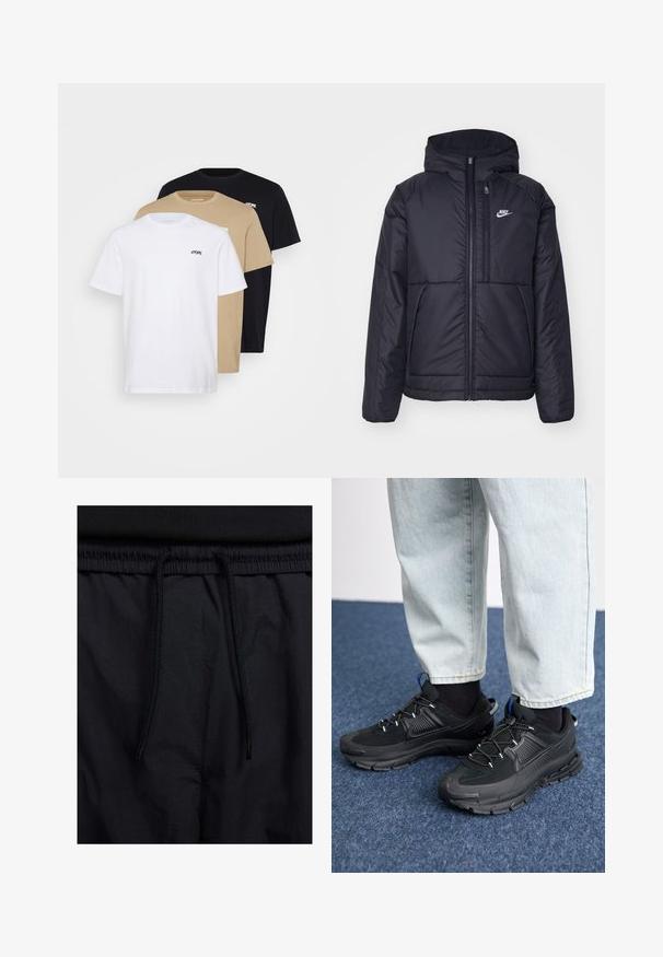 Must musta Nike jope, millel on ees lukuga avamine ja kapuuts. Vasakpoolne rind on kaunistatud valge logoga ning ees on kaks taskut. Sile välimine tekstuur.; Kolm lühikese varrukaga t-särki valges, beežis ja mustas värvitoonis. Igal särgil on ümar kaelus ning vasakul rinnal on väike logo.; Mustad lühikesed püksid, millel on paelaga vöökoht, kerge kangas, mis on sileda tekstuuriga ning lihtne disain ilma nähtavate logode või mustriteta.; Mustad mustad jooksukingad, millel on tekstureeritud kangas ja kummist tallad, elastsed nöörid ning sinine aksent kandadel. Kandmine heledate teksadega.