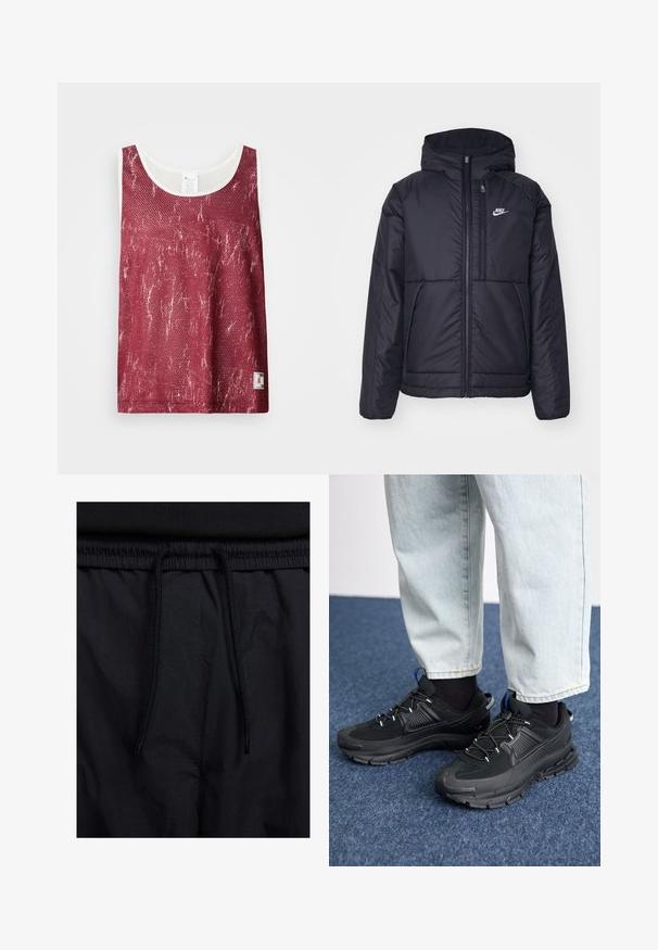 Svart, vadderad Nike-jacka med dragkedja framtill och huva. Har en vit logotyp på vänster bröst och dubbla framfickor. Slät yttextur.; Röd nät-topp med ett svagt urblekt, slitet mönster. Har vit kant runt halsringningen och ärmhålen, samt en liten logotagg på nederkanten.; Svarta shorts med dragsko i midjan, lättviktig tyg med en slät yta och en enkel design utan synliga logotyper eller mönster.; Svarta sportskor med texturerat tyg och gummisulor, med elastiska snörningar och en blå detalj på hälen. Bärs med ljusa jeans.