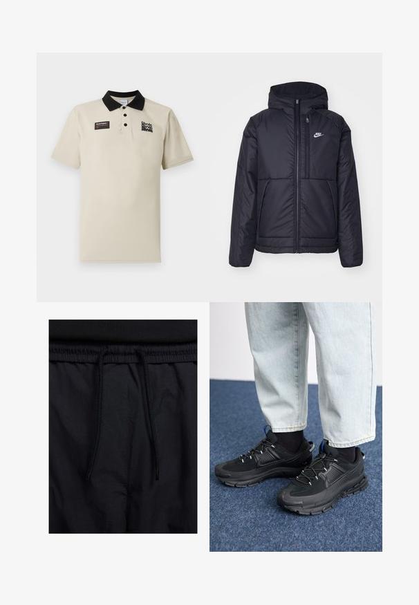 Schwarze, gepolsterte Nike-Jacke mit Frontreißverschluss und Kapuze. Hat ein weißes Logo auf der linken Brust und zwei Fronttaschen. Glattes äußeres Material.; Beige Poloshirt aus glattem Material, mit schwarzem Kragen, drei Knöpfen und einem schwarzen und roten Grafiklabel auf der linken Brust.; Schwarze Shorts mit einem Kordelzugbund, leichtem Stoff mit glatter Textur und einem schlichten Design ohne sichtbare Logos oder Muster.; Schwarze Sportschuhe aus strukturiertem Stoff mit Gummisohlen, ausgestattet mit elastischen Schnürsenkeln und einem blauen Akzent an der Ferse. Getragen mit hellen Jeans.