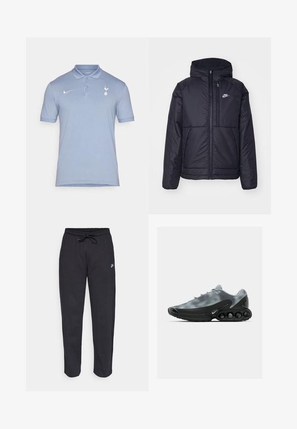 Zwarte, gewatteerde Nike-jas met een voorkant met ritssluiting en capuchon. Kenmerkt zich door een wit logo op de linkerborst en dubbele frontzakken. Gladde buitenkant.; Lichtblauw polohemd met een kraag, korte mouwen en een Nike-logo. Bevat een Spurs-embleem op de linker borst. Zachte textuur.; Zwarte sweatpants van zacht stof met een elastische tailleband, trekkoord en een klein Nike-logo op de linker bovenbeen.; Grijze sportschoen met een bovenwerk van mesh en een zwarte rubberen zool met afgeronde accenten en een prominente boog. Inclusief veters en een logo.