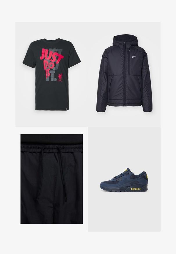 Μαύρο, επενδυμένο μπουφάν Nike με μπροστινό φερμουάρ και κουκούλα. Διαθέτει λευκό λογότυπο στο αριστερό στήθος και διπλές μπροστινές τσέπες. Λείο εξωτερικό υλικό.; Μαύρη βαμβακερή μπλούζα με κοντά μανίκια, με έντονο κόκκινο και γκρι κείμενο: "ΑΠΛΑ ΚΑΝΕ ΤΟ." Λογότυπο L.F.C. στην κάτω δεξιά γωνία. Κοντά μανίκια και στρογγυλή λαιμόκοψη.; Μαύρο σορτσάκι με ζωνάκι που ρυθμίζεται, ελαφρύ ύφασμα με απλή υφή και απλό σχέδιο χωρίς ορατά λογότυπα ή μοτίβα.; Ναυτικό μπλε Nike Air Max παπούτσια με σουέτ και διχτυωτό επάνω μέρος, με κίτρινες λεπτομέρειες, δέσιμο μπροστά και ορατή αεροστρώση στην σόλα.