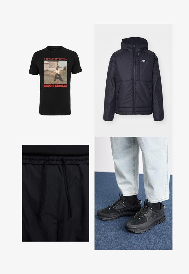 Juodas, paminkštintas Nike džemperis su priekyje užtrauktuku ir gobtuvu. Pasižymi balta logo kairėje krūtinės pusėje ir dviem priekinėmis kišenėmis. Su lygiu išoriniu paviršiumi.; Juodas medvilnės marškinėliai su vintage nuotrauka ir raudonu tekstu, kuris skelbia "AŠ TURIU ISTORIJĄ, KURIĄ REIKIA PASAKOTI BIGGIE SMALLS" po vaizdu.; Juodos šortai su raišteliu juosmens srityje, lengva medžiaga su lygiu paviršiumi ir paprastas dizainas be matomų logotipų ar raštų.; Juodi sportiniai bateliai su tekstūruota medžiaga ir guminiais padais, su elastingomis raišteliais ir mėlynu akcentu ant kulno. Dėvimi su šviesiai mėlynomis džinsinėmis kelnėmis.
