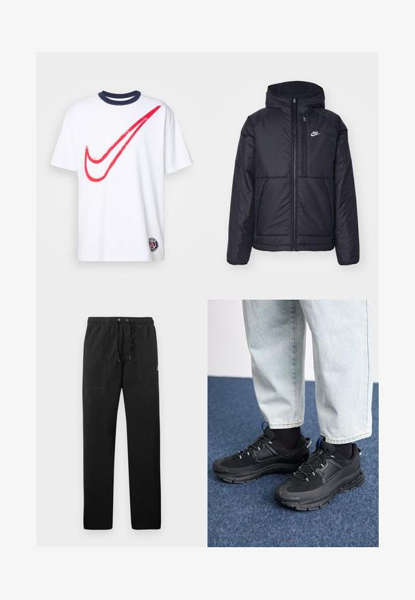 Sort, polstret Nike-jakke med frontlynlås og hætte. Har et hvidt logo på venstre bryst og to frontlommer. Glat ydre tekstur.; Hvid T-shirt med rød Nike swoosh grafik, marineblå ribbet krave, korte ærmer og lille Paris emblem på venstre kant. Lavet af bomuldsstof.; Sorte sweatpants lavet af fleece, med en elastisk talje med snore, to frontlommer og et lille logo på låret.; Sorte træningssko med tekstureret stof og gummisåler, udstyret med elastiske snørebånd og en blå detalje på hælen. Bæres med lyse denimbukser.