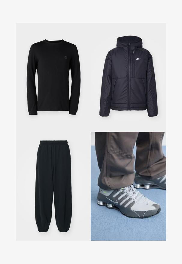 Μαύρο, επενδυμένο μπουφάν Nike με μπροστινό φερμουάρ και κουκούλα. Διαθέτει λευκό λογότυπο στο αριστερό στήθος και διπλές μπροστινές τσέπες. Λείο εξωτερικό υλικό.; Μαύρη μπλούζα με μακριά μανίκια φτιαγμένη από απαλό βαμβάκι, με στρογγυλή λαιμόκοψη και μια διακριτική λογότυπο στο στήθος. Με κανονικές μανσέτες.; Μαύρες, φόρμες με ελαστική μέση και χαλαρή εφαρμογή, με ρεβέρ στους αστραγάλους, λεία υφή και χωρίς ορατά μοτίβα ή αξεσουάρ.; Γκρίζα και ασημένια αθλητικά παπούτσια Nike Shox με κομψό σχεδιασμό, από πλέγμα και συνθετικά υλικά, στρογγυλή μύτη και επενδεδυμένο κολάρο.